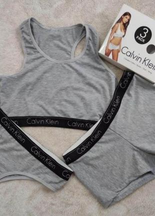 Набор женский calvin klein тройка 3 в 1 ( стринги + топ + шорты) cерый / женские стринги / томми хилфигер ua