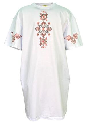 Платье-футболка  с карманами кулир белое с принтом вышиванка раз. l (48)1 фото