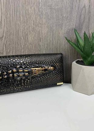 Жіночий гаманець з крокодилом шкіра натуральна женскпй кошелёк натуральная кожа черно золотой