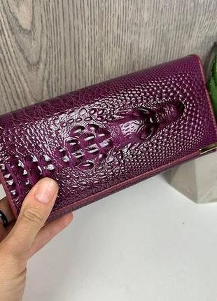 Кожаный женский кошелек крокодила, женский клатч-кошелек с крокодилом натуральная кожа фиолетовый