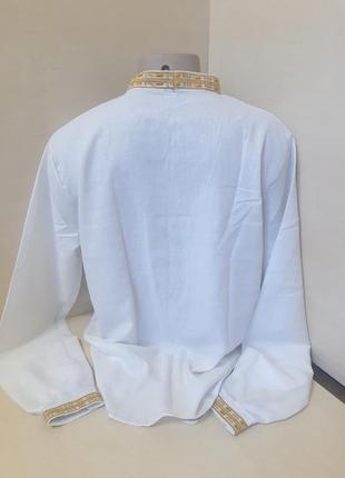 Мужская рубашка вышиванка лен белая для пары золото family look 42 - 604 фото
