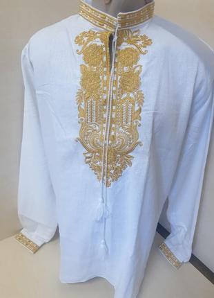 Мужская рубашка вышиванка лен белая для пары золото family look 42 - 608 фото
