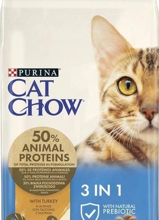 Сухой корм для взрослых кошек purina cat chow feline 3-in-1 с формулой тройного действия, с индейкой 15 кг