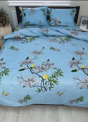 Комплект постельного белья нежно голубой с цветами1 фото