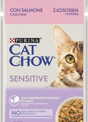 Вологий корм для кішок purina cat chow шматочки в підливі з лососем і цукіні 85 г