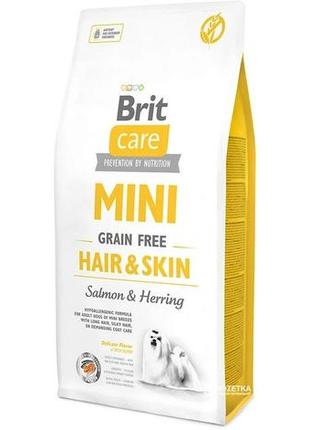 Сухой корм для взрослых собак миниатюрных пород brit care mini grain free hair & skin 7 кг