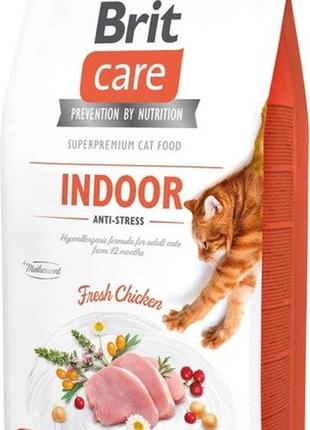 Беззерновой корм для кошек живущих в помещении brit care cat gf indoor anti-stress с курицей 7кг