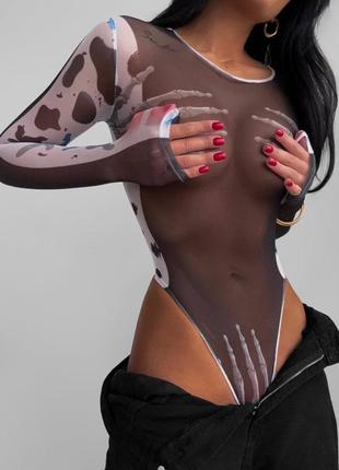 Черное женское готическое боди сетка с принтом скелета🖤