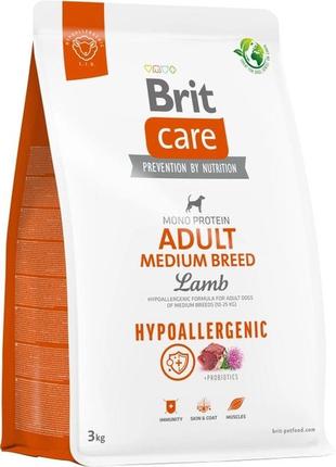 Корм для собак средних пород brit care dog hypoallergenic adult medium breed гипоаллергенный с ягненком 3 кг
