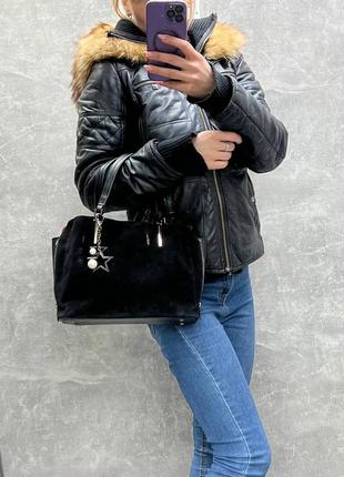 Качественная женская сумка из натуральной замши и экокожи черная сумочка2 фото