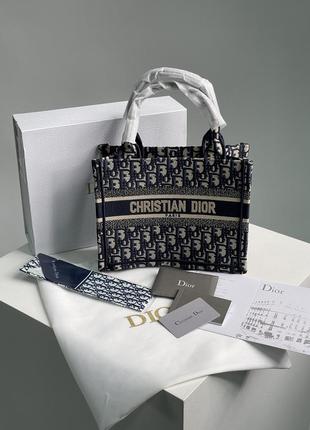 Сумка dior small book tote ecru and blue dior oblique embroidery