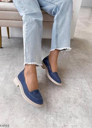 Premium! женские замшевые синий лоферы на каблуке весенне осенние туфли натуральная замша весна2 фото