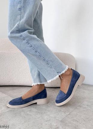 Premium! женские замшевые синий лоферы на каблуке весенне осенние туфли натуральная замша весна6 фото