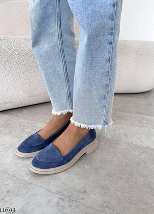 Premium! женские замшевые синий лоферы на каблуке весенне осенние туфли натуральная замша весна8 фото