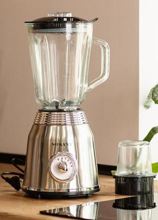 Блендер со стеклянной чашей 1.5 литра для коктейлей и смузи портативный 4 режима скорости 800 вт sokany