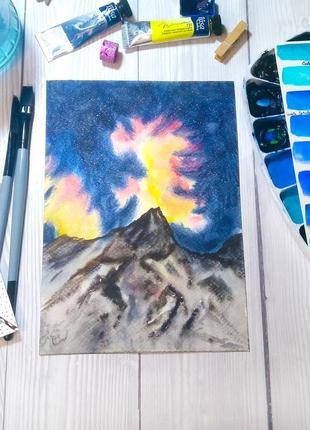 Акварельная картина "звездное небо в горах"