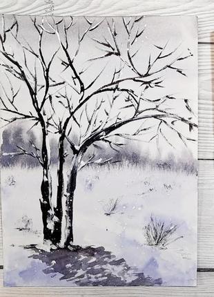 Акварельная картина дерево в снежный день