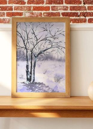 Акварель картина "дерево в сніговий день"3 фото