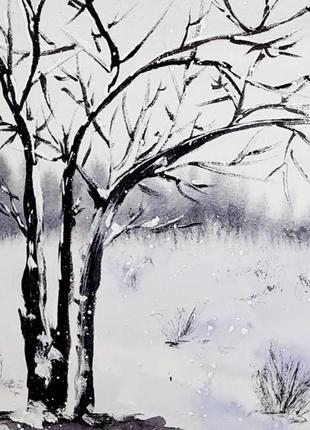 Акварельная картина дерево в снежный день2 фото
