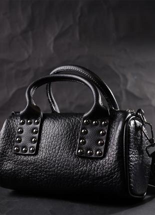 Кожаная женская сумка с металлическими акцентами на ручках vintage 22369 черная7 фото