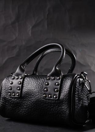 Кожаная женская сумка с металлическими акцентами на ручках vintage 22369 черная8 фото