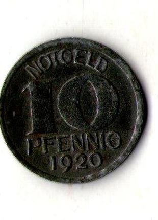 Німеччина - німеччина 10 пфенінгів 1920 нотгельд залізо no2442 фото