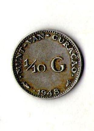 Кюрасао(нидерландские) 1/10 гульдена 1948 серебро королева вильгельмина №1280