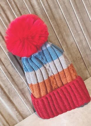 ✍🏻 яркая теплая шапочка с пышным бубоном