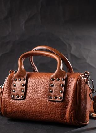 Женская сумка с металлическими акцентами на ручках из натуральной кожи vintage 22367 коричневая8 фото