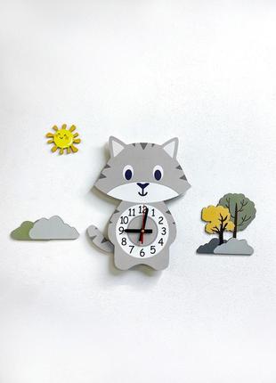 Детские часы настенные с маятником :: кот серый (33х28 см)