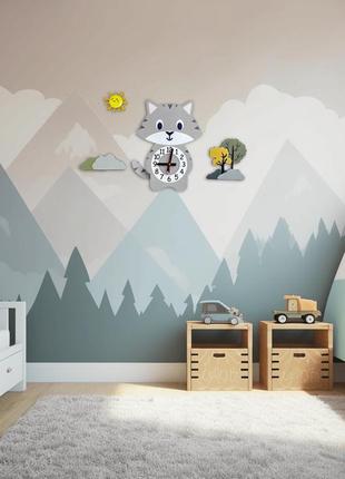 Детские часы настенные с маятником :: кот серый (33х28 см)