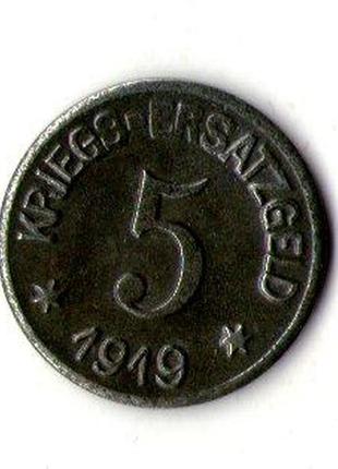 Німеччина - германия 5 пфеннингов 1919 нотгельд железо №780