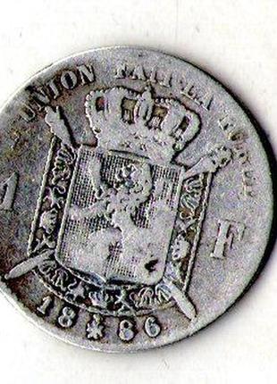 Бельгія - бельгия › король леопольд ii 1 франк 1886 рік срібло №10432 фото
