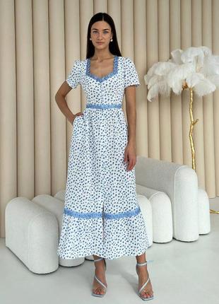 Платье женское летнее длинное муслиновое с кружевом 3525-01 молочное с принтом1 фото