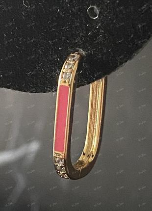 Жіночі сережки-кільця (конго) xuping позолотою 18к з рожевою емаллю та позолочені  в картонній коробочці2 фото