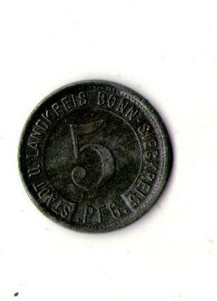 Німеччина - германия 5 пфеннингов 1919 нотгельд цинк бонн  №9211 фото