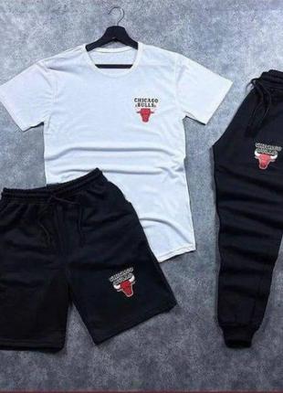 Костюм 3 в 1 chicago bulls футболка біла + шорти чорні + штани чо