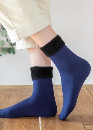Набор 4 пары носки теплые унисекс мужские и женские, для дома и улицы, из термонейлона и кашемира, синие,2 фото