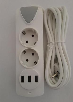 Сетевой удлиннитель (фильтр) на 2 роз.+ 3 usb, c заземлением, 3м.