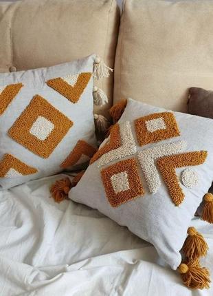 Декоративная стильная подушка ручной работы - натуральный лён2 фото