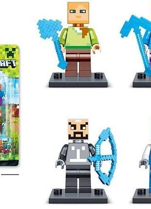Детские игровые фигурки майнкрафт, набор 4 героя minecraft на подставке, игрушки майнкрафт