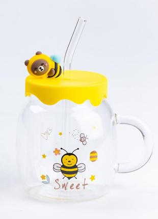 Чашка стеклянная 500 мл с силиконовой крышкой и трубочкой