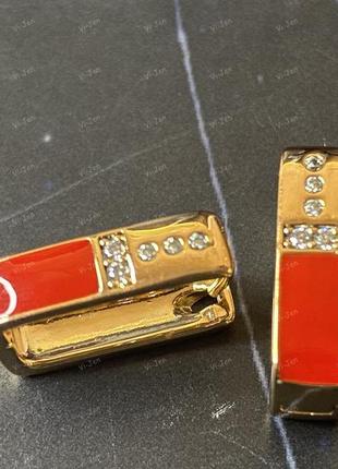 Женские серьги-кольца (конго) xuping позолоченные 18к с камнями и красной эмалью в картонной коробочке2 фото