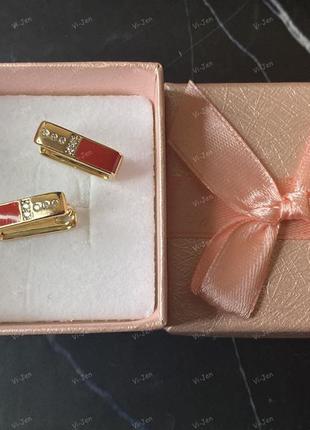Женские серьги-кольца (конго) xuping позолоченные 18к с камнями и красной эмалью в картонной коробочке4 фото