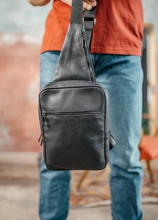 Мужской черный слинг, сумка на грудь из натуральной кожи, кожаная вместительная черная сумка3 фото