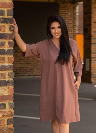 Стильна жіноча лляна літня сукня міді мокко з кишенями