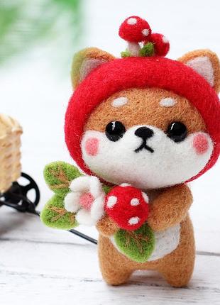 Набор для валяния шиба-ину в костюме гриба + инструменты