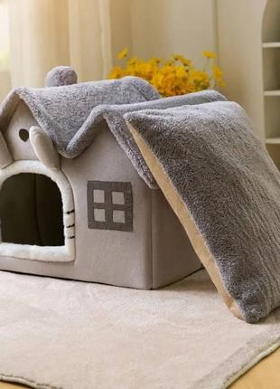 Будиночок (лежанка) для котів і маленьких собак із м'якою подушкою1 фото