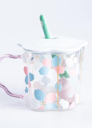 Чашка скляна 500 мл з ложкою та кришкою блакитний