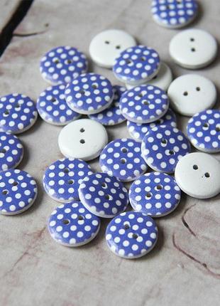 Дерев'яна ґудзик, синя в горошок 15 мм, 10 штук